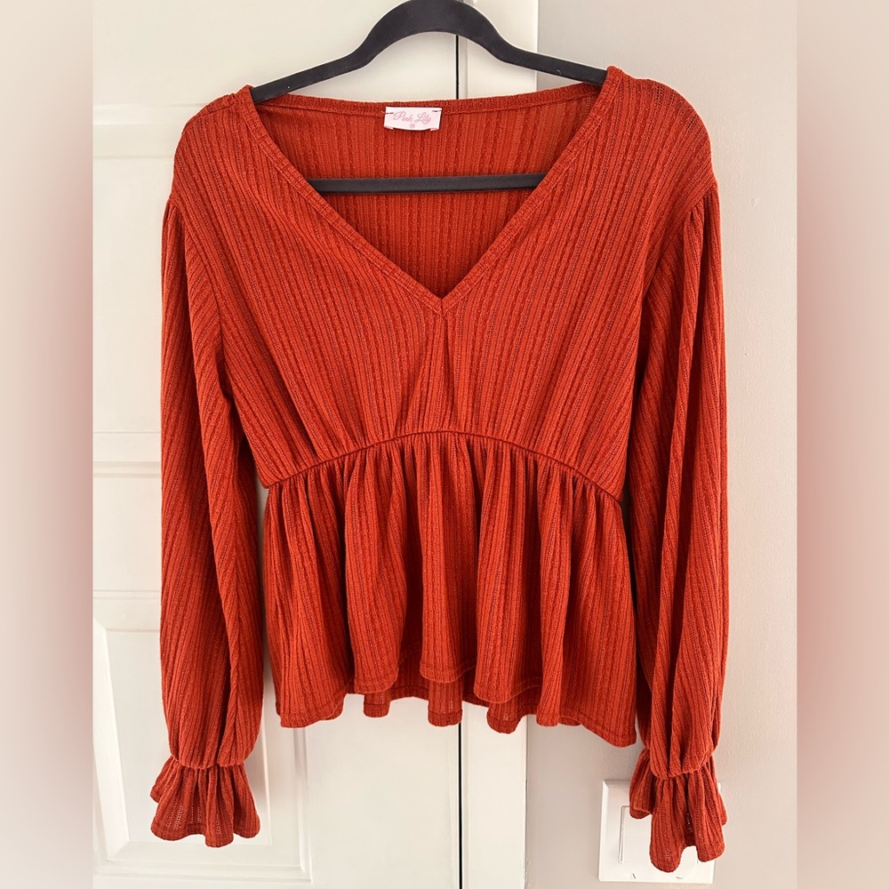 Pink Lily Rust Ribbed Peplum Top | Long Sleeve